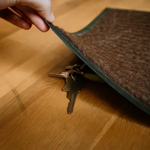 Deixarei a chave sob o tapete da porta, caso você chegue antes de mim.